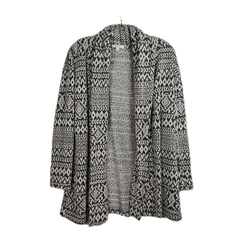 89th + Madison Open Front Cardigan Women's L Black/White Geometric 3/4 Sleeve